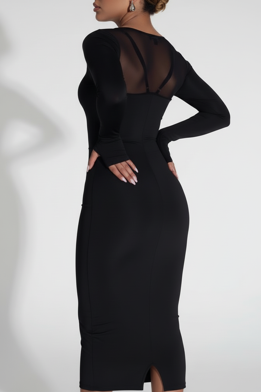 Black Bodycon Midi Dress With Rhinestone Chain Detail And Mesh Sleeves