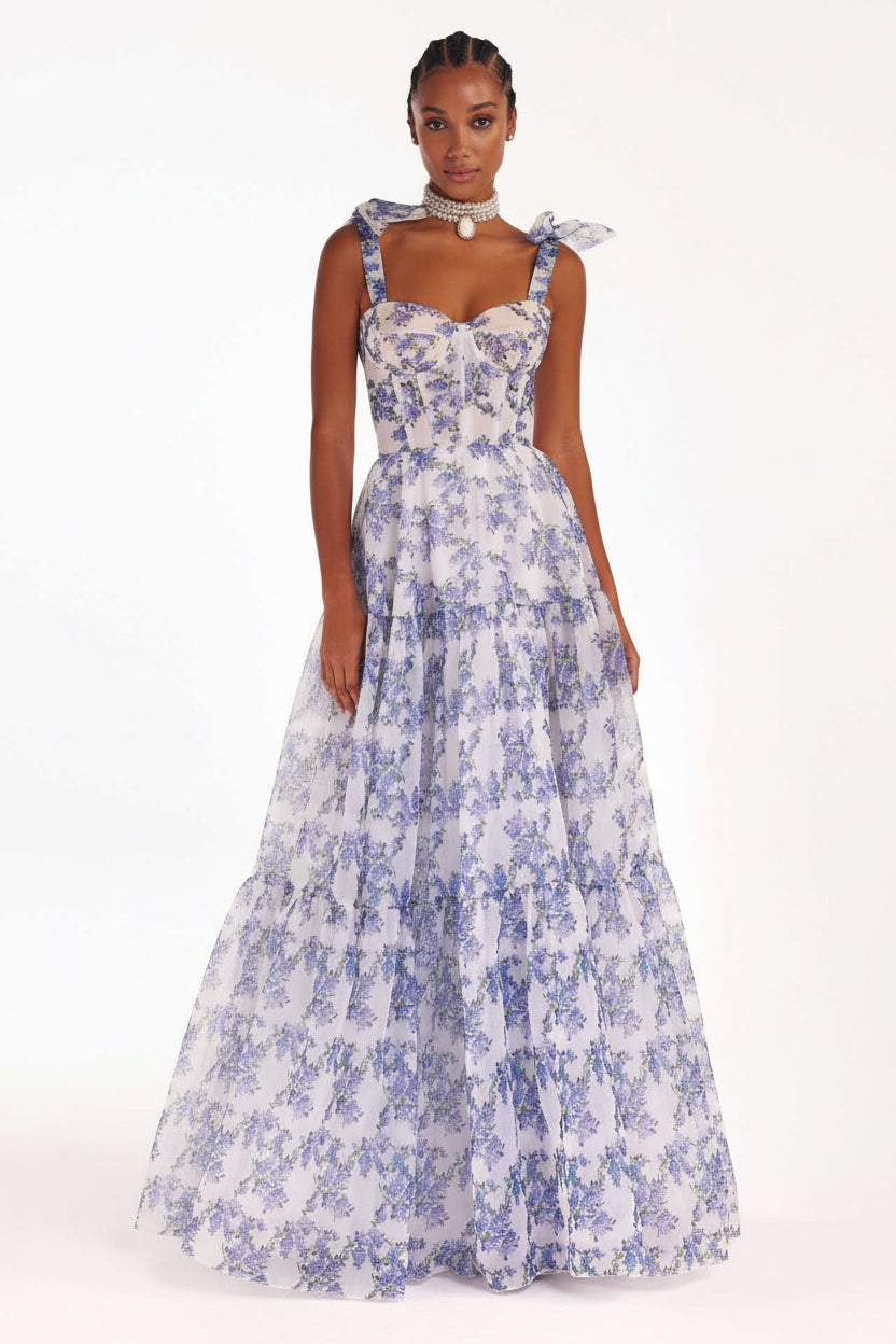 Floral Off-the-shoulder Strap Lace-up Large Swing Skirt Organza Dress
