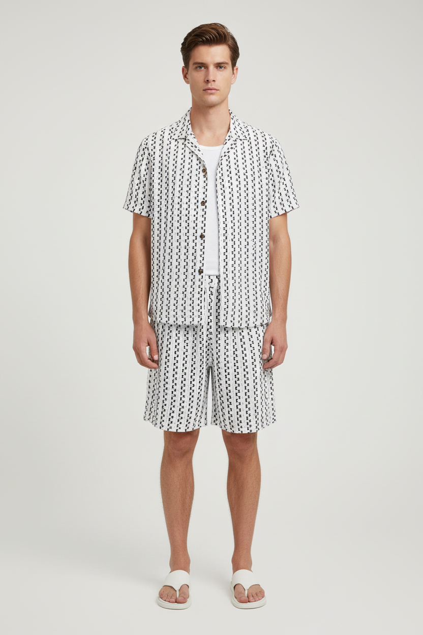 Mens Casual Striped Single-Breasted Shirt And Shorts Set