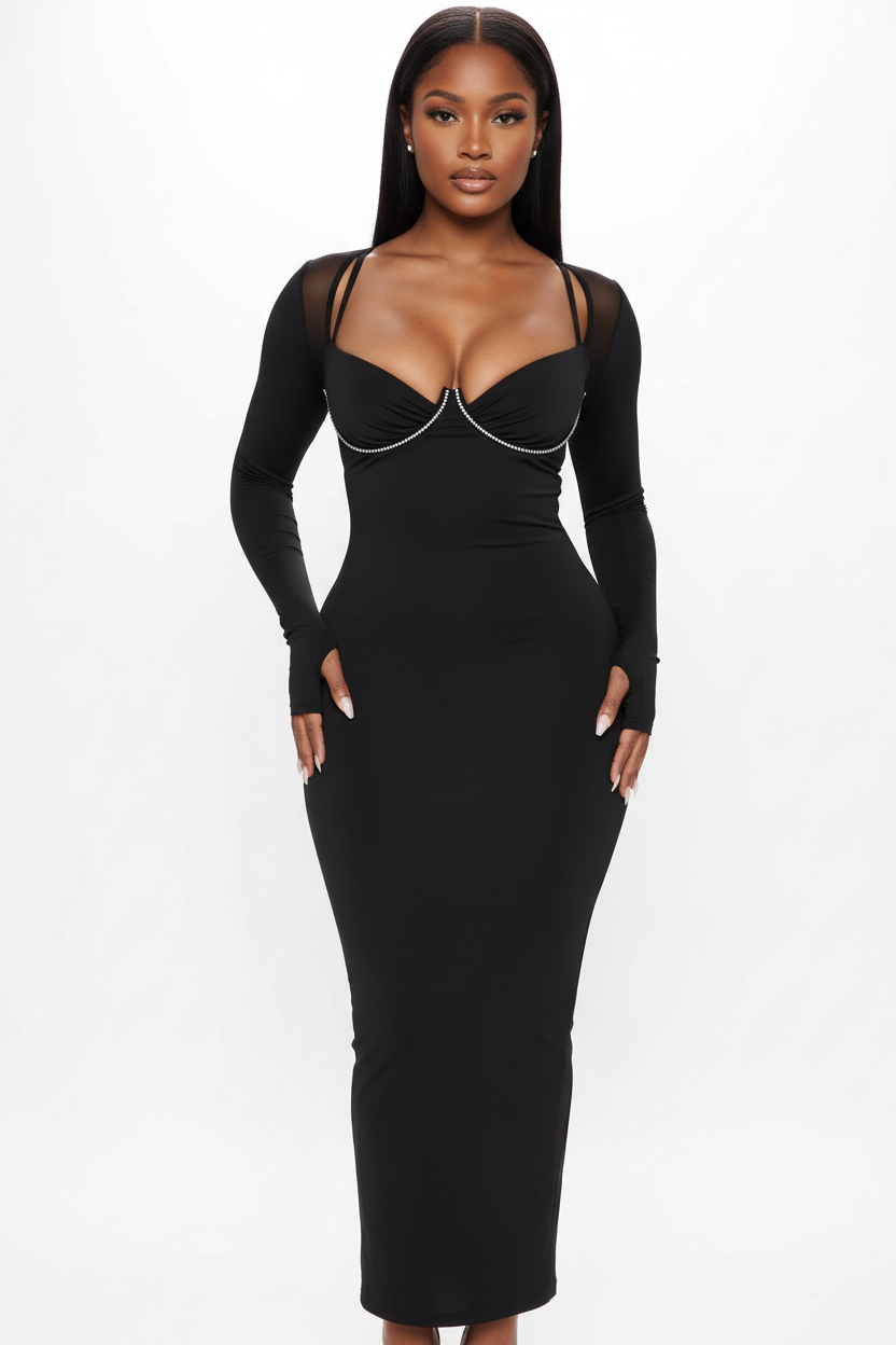 Black Bodycon Midi Dress With Rhinestone Chain Detail And Mesh Sleeves