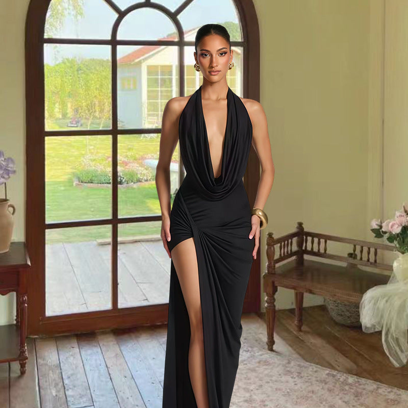 Sexy Deep-V Halter Bodycon Slit Maxi Dress