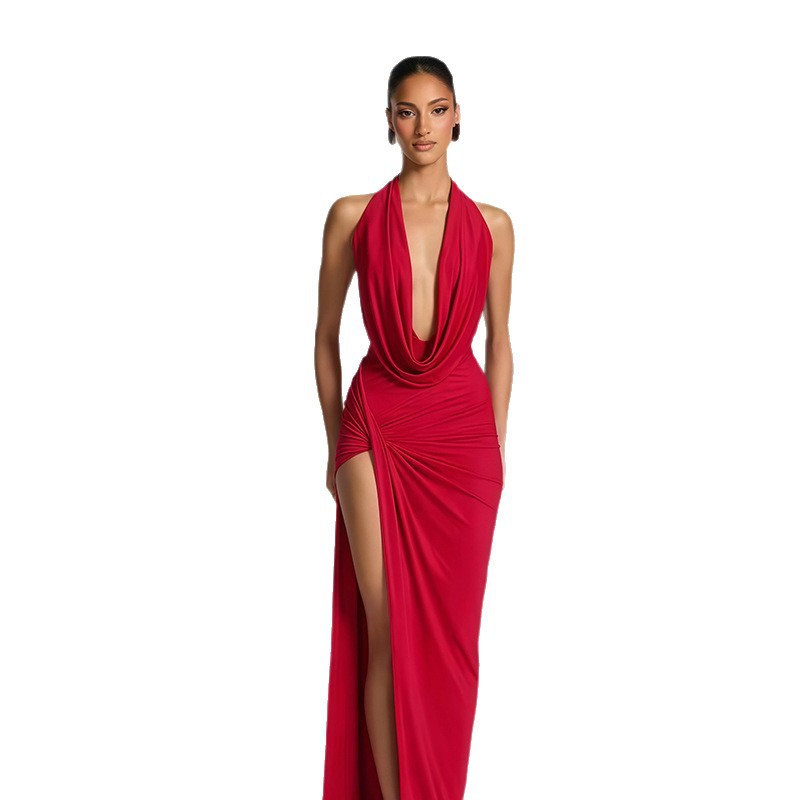 Sexy Deep-V Halter Bodycon Slit Maxi Dress