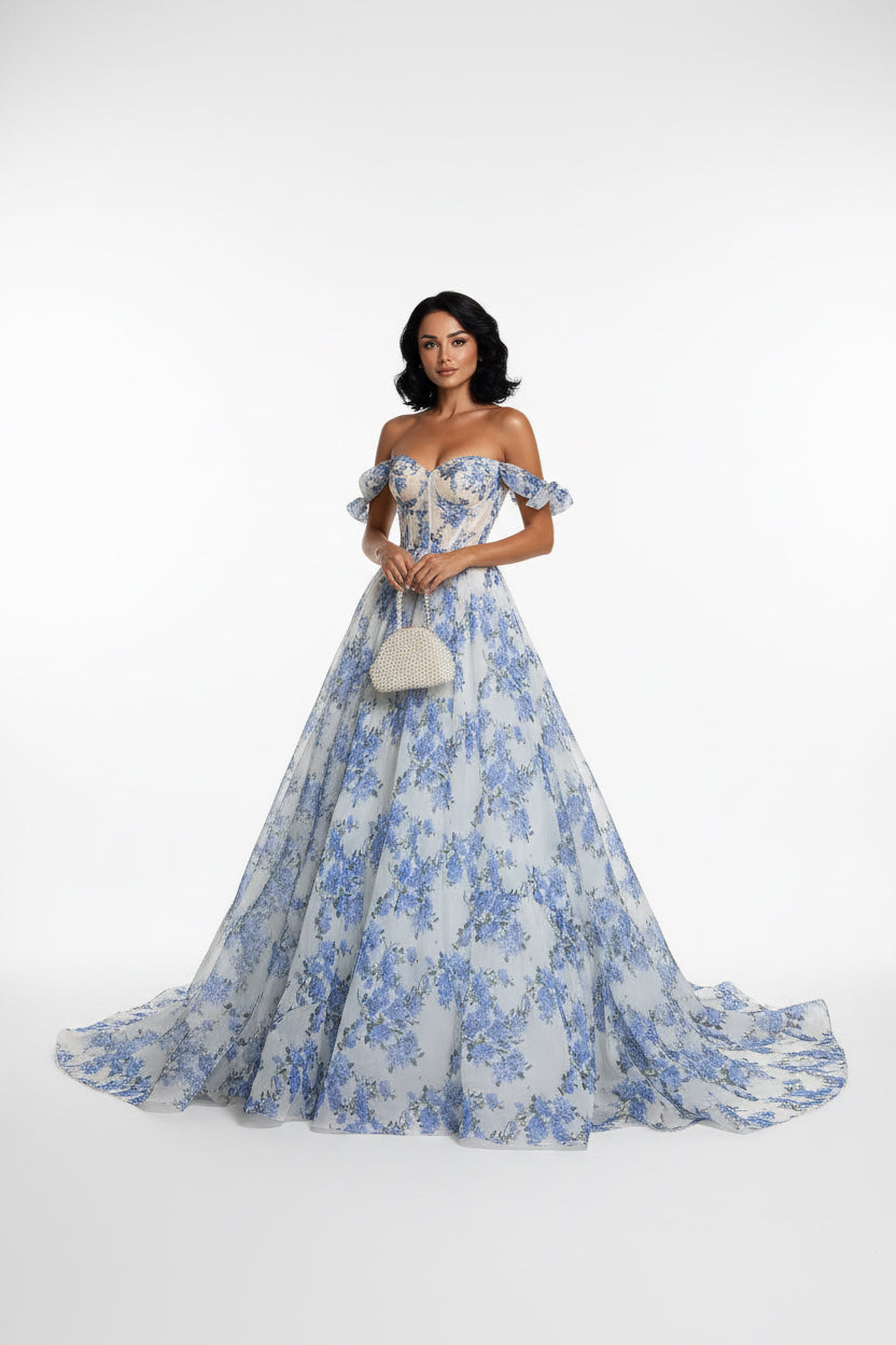 Floral Off-the-shoulder Strap Lace-up Large Swing Skirt Organza Dress