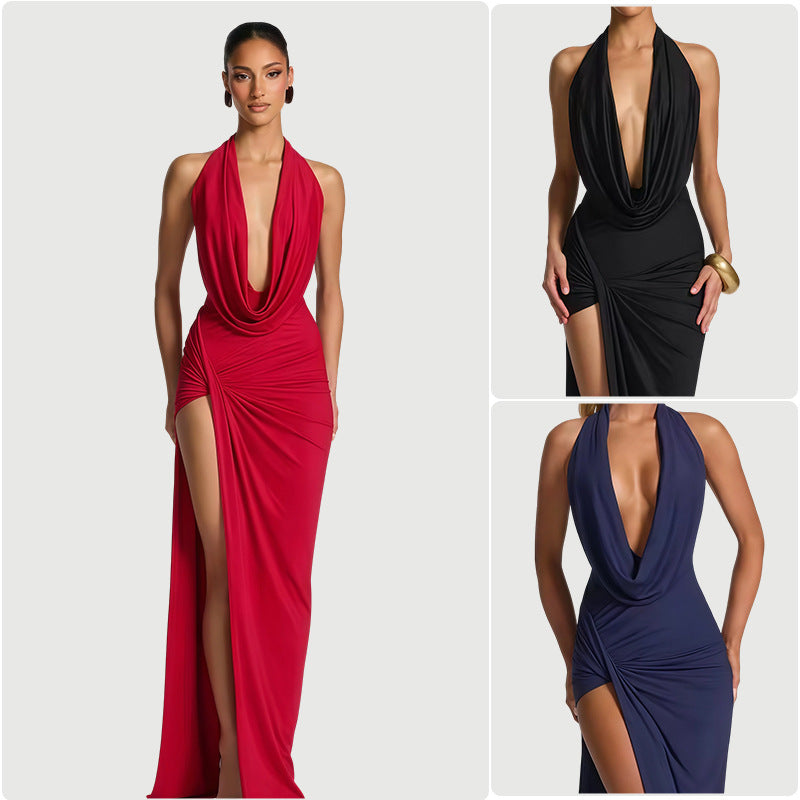 Sexy Deep-V Halter Bodycon Slit Maxi Dress