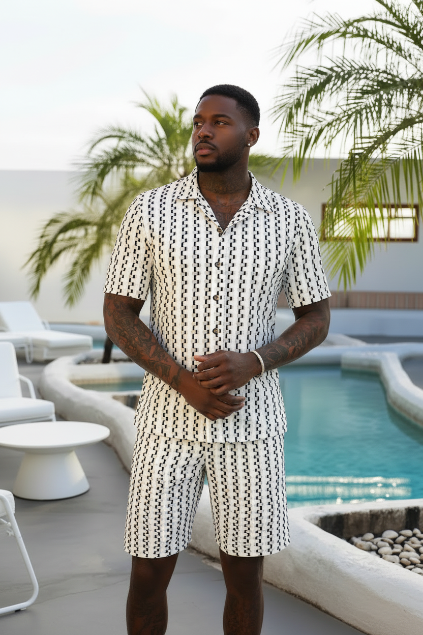 Mens Casual Striped Single-Breasted Shirt And Shorts Set